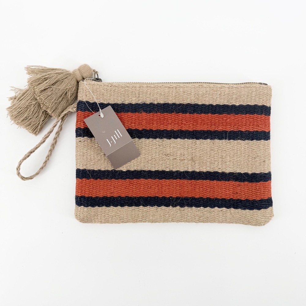 NWT J. Jill Women Wristlet Clutch Beige Orange Striped Woven Jute Tassel